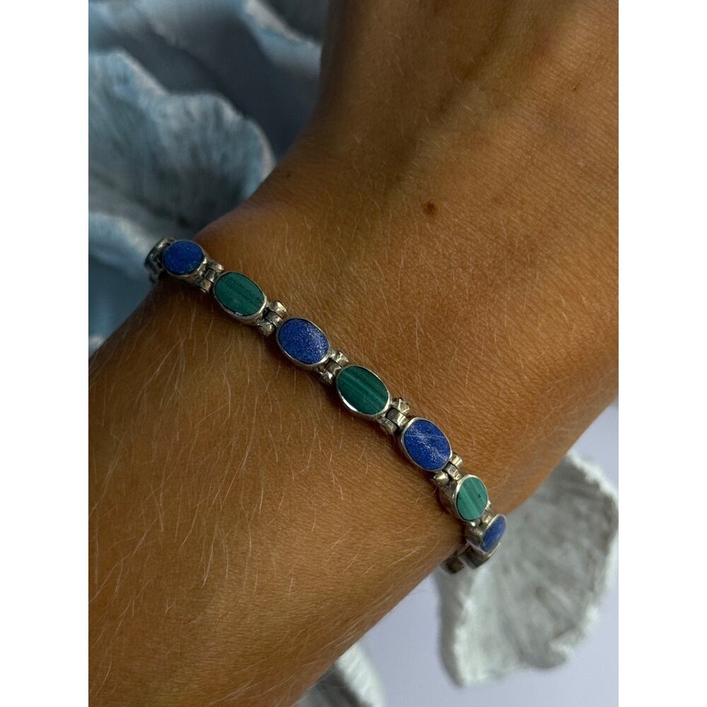 925 Sterling Silver Malachite & Sodalite Bracelet Length 7